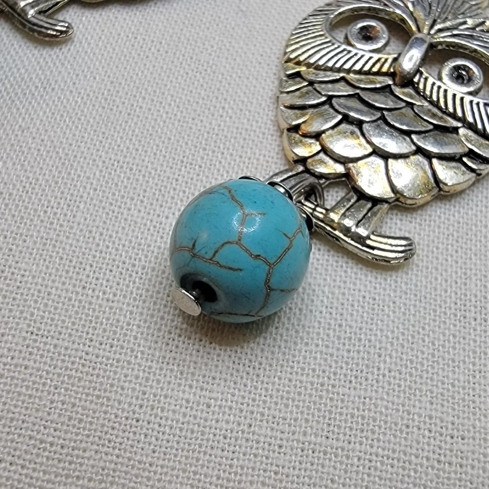 Turquoise Owl Earrings Silver Tone